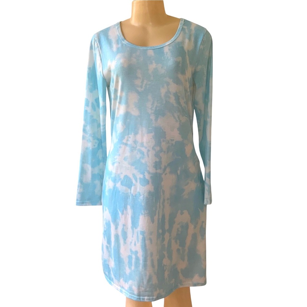 Basico Womens S Blue White Tie Dye Long Sleeve T Shirt Dress Cotton Blend